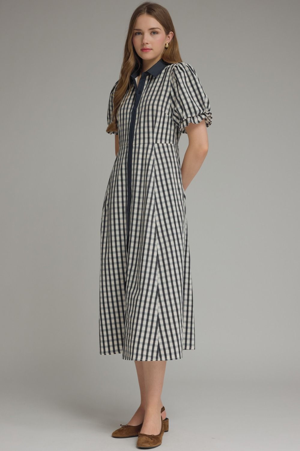 Whitney Gingham Puff Sleeve Midi Dress