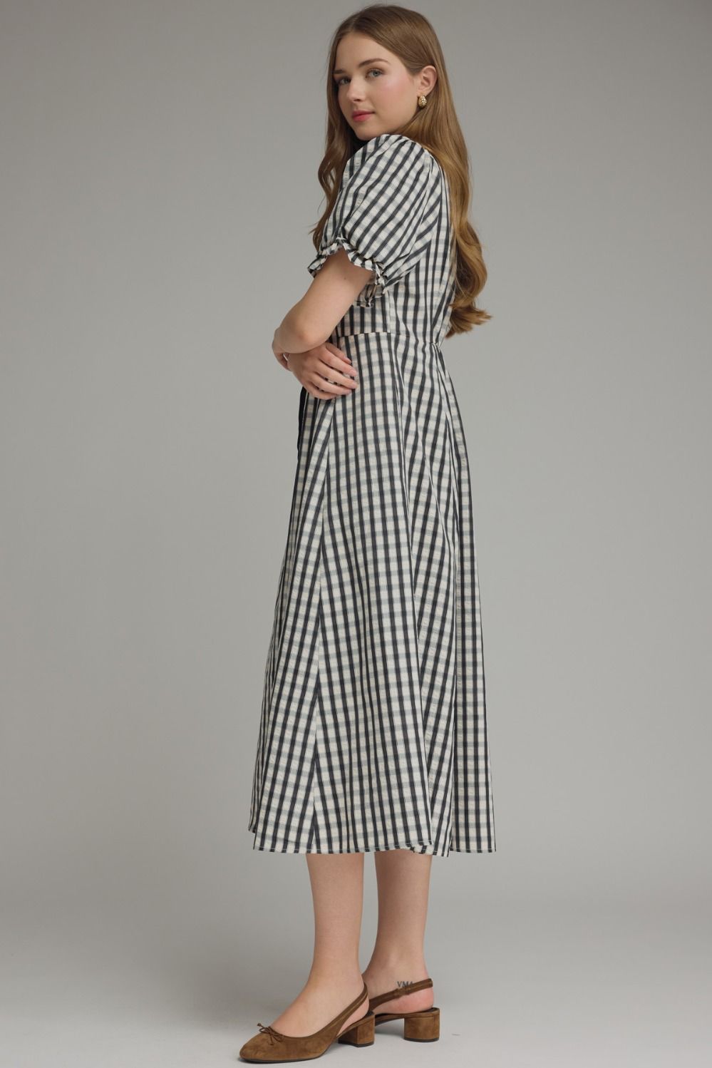 Whitney Gingham Puff Sleeve Midi Dress