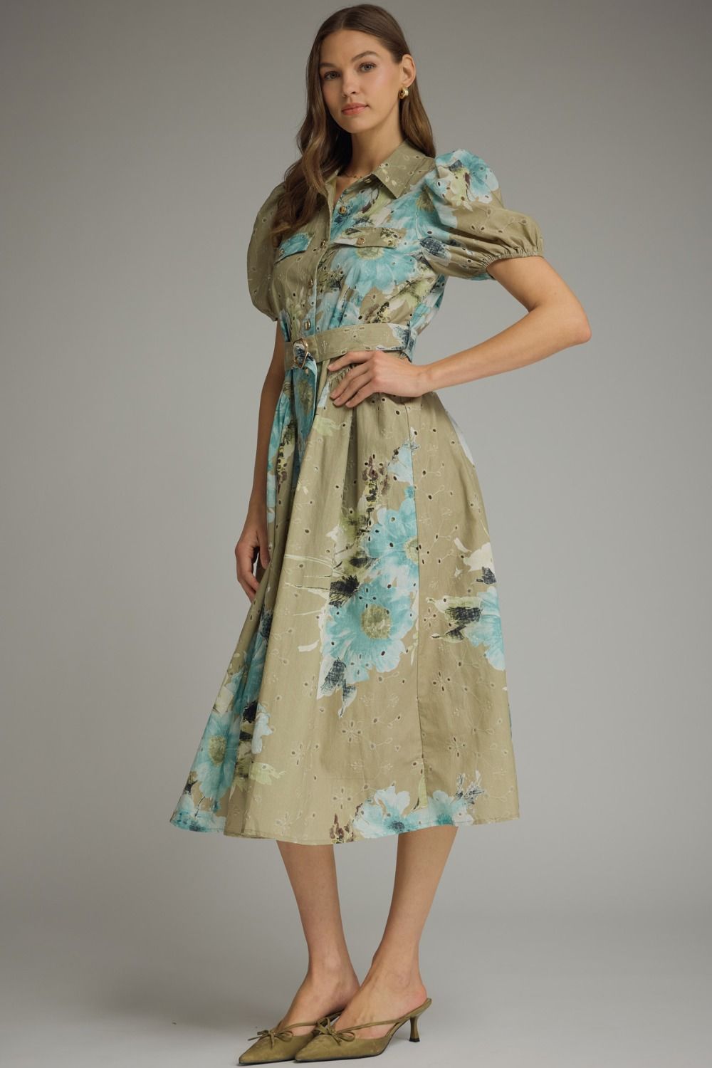Emery Floral Eyelet Midi Shirt Dress