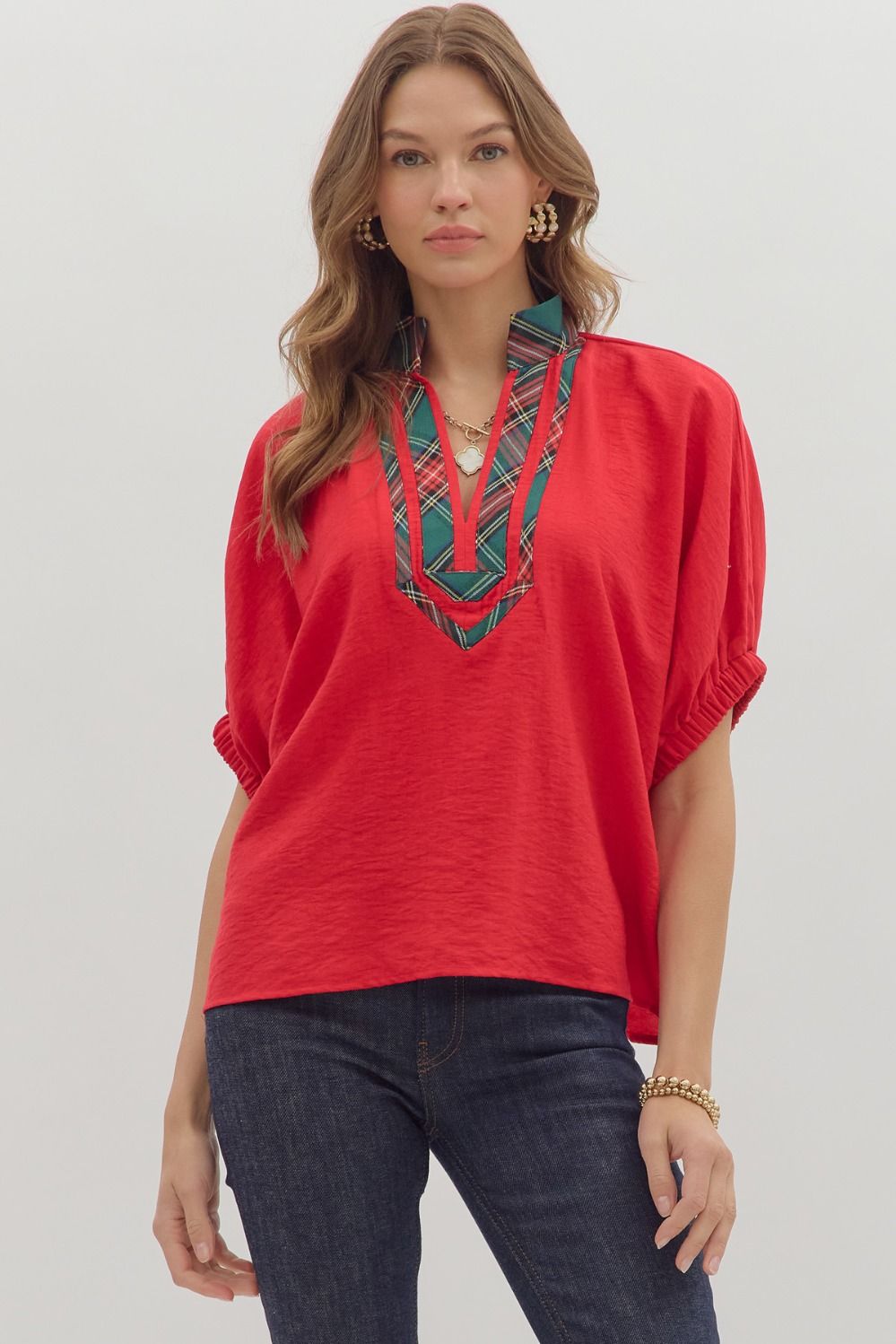 Elina Plaid Trim Dolman Top