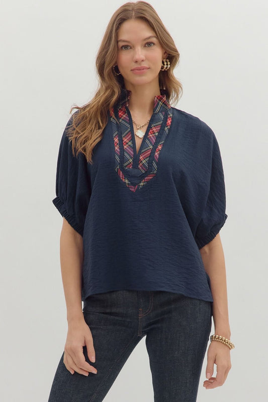 Elina Plaid Trim Dolman Top