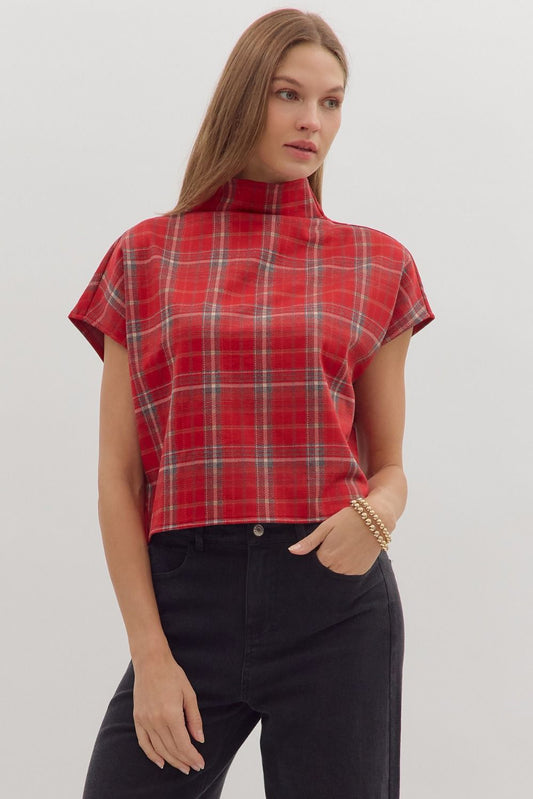 Classic plaid meets modern edge in the Maribel top, designed with a chic mock neck and sleek short sleeves.