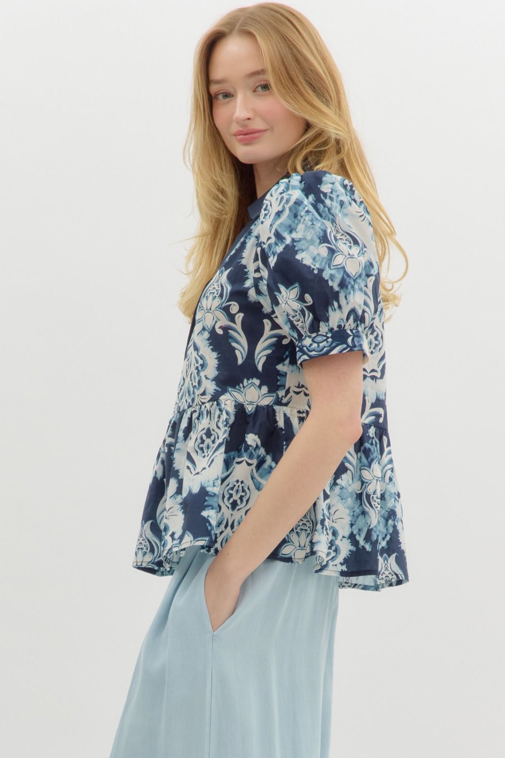Puff Sleeve Ruffle Hem Top