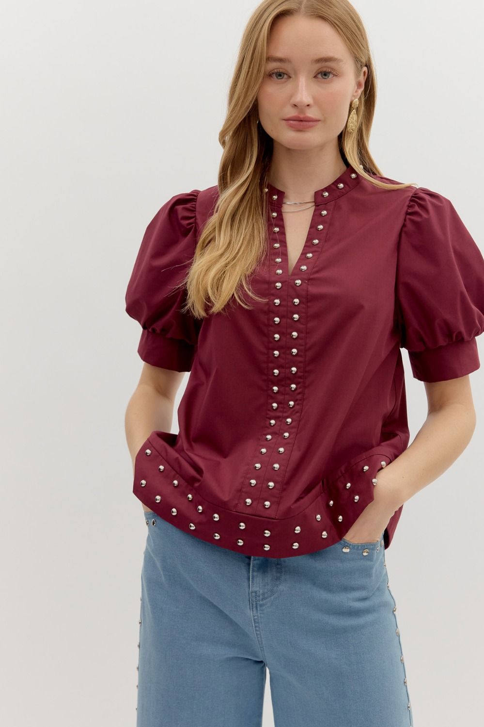 Loretta Stud Detail Puff Sleeve Top