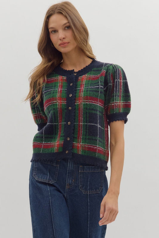 Mirabel Plaid Puff Sleeve Sweater Top