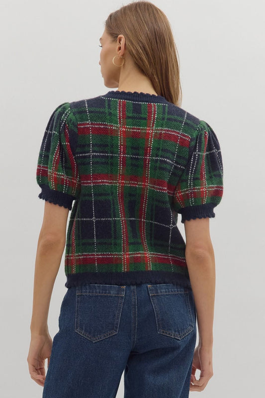 Mirabel Plaid Puff Sleeve Sweater Top