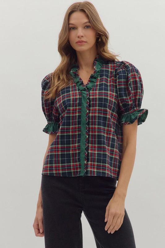 Idra Ruffle Trim Plaid Top