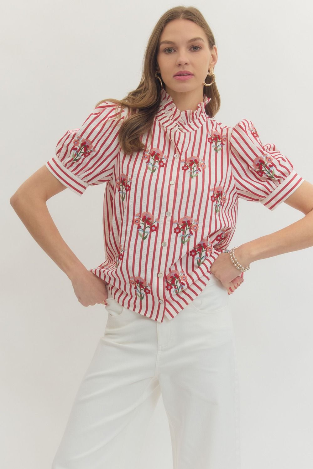 Rose Garden Embroidered Stripe Blouse