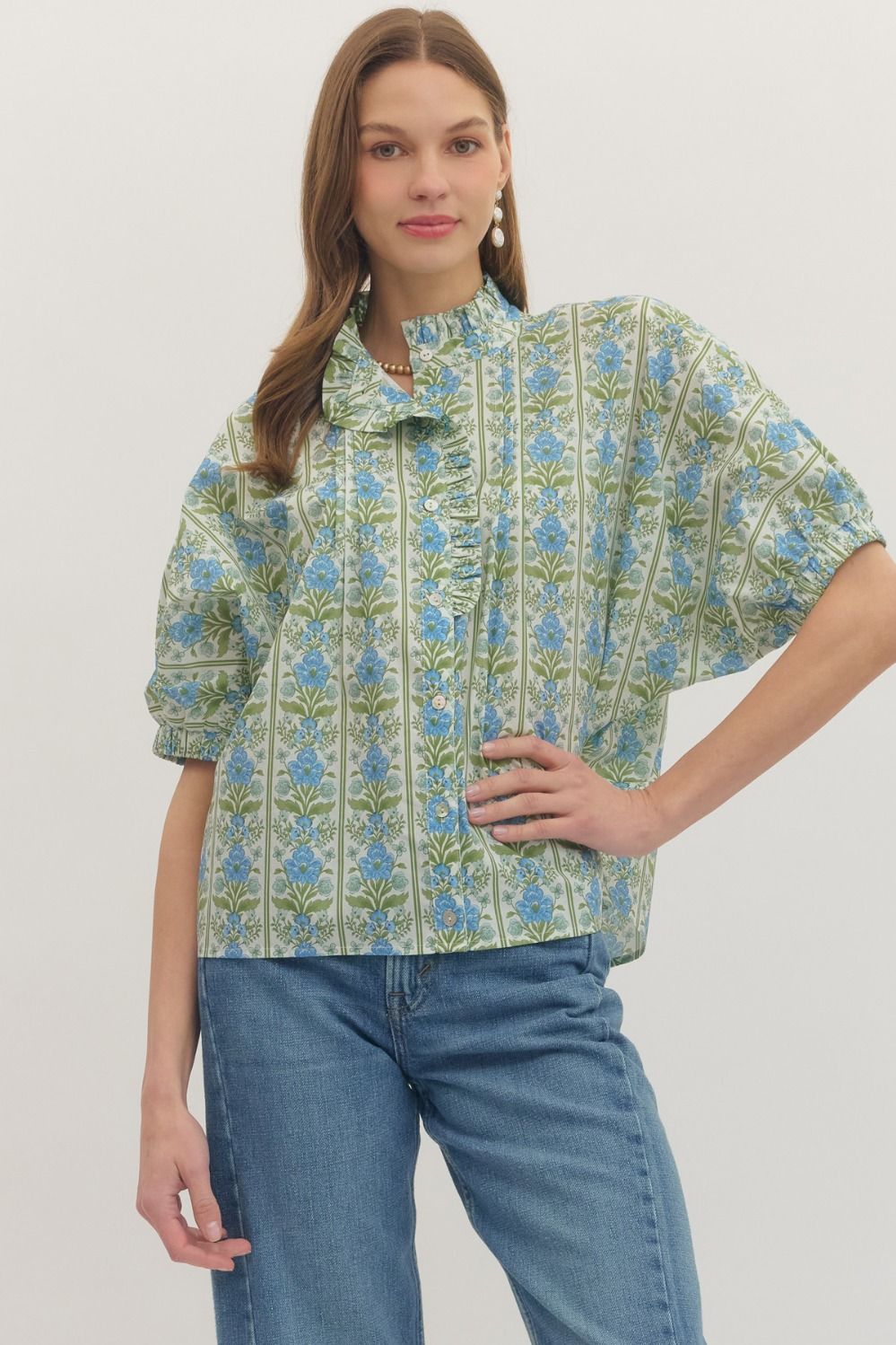 cotton top with short dolman sleeves, ruffle-trim placket, and botanical print