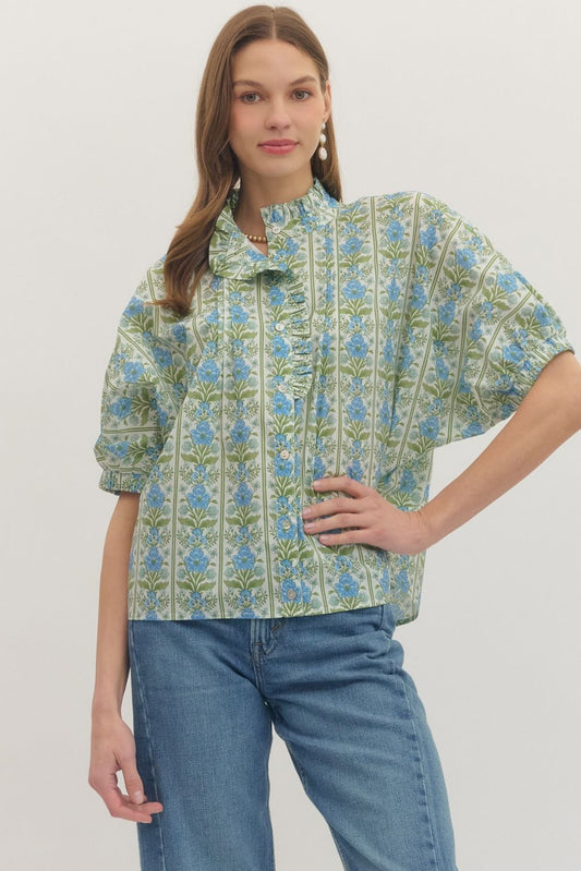 cotton top with short dolman sleeves, ruffle-trim placket, and botanical print