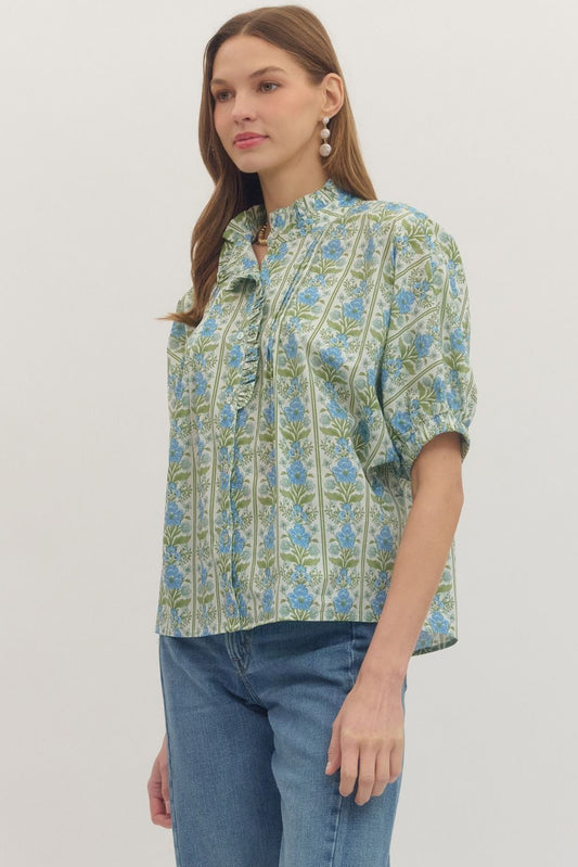 cotton top with short dolman sleeves, ruffle-trim placket, and botanical print