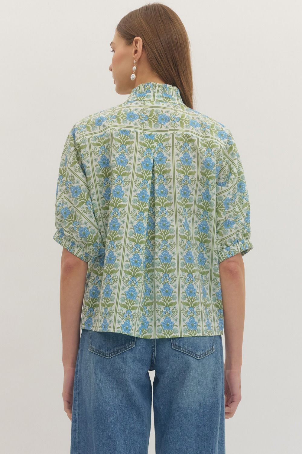 cotton top with short dolman sleeves, ruffle-trim placket, and botanical print