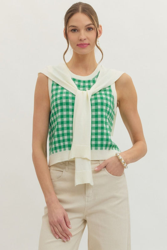 lightweight sleeveless gingham knit top with a draped sweater detail tied at the front.