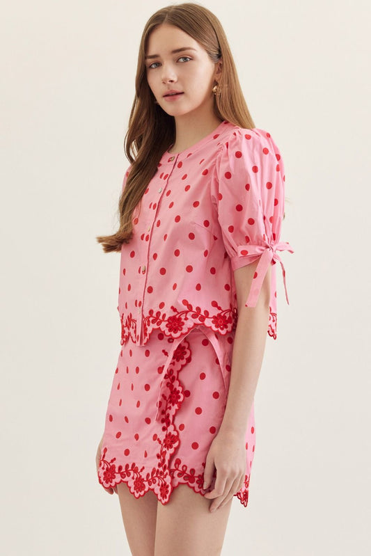 Poppy Polka Dot Scallop Puff Sleeve Top