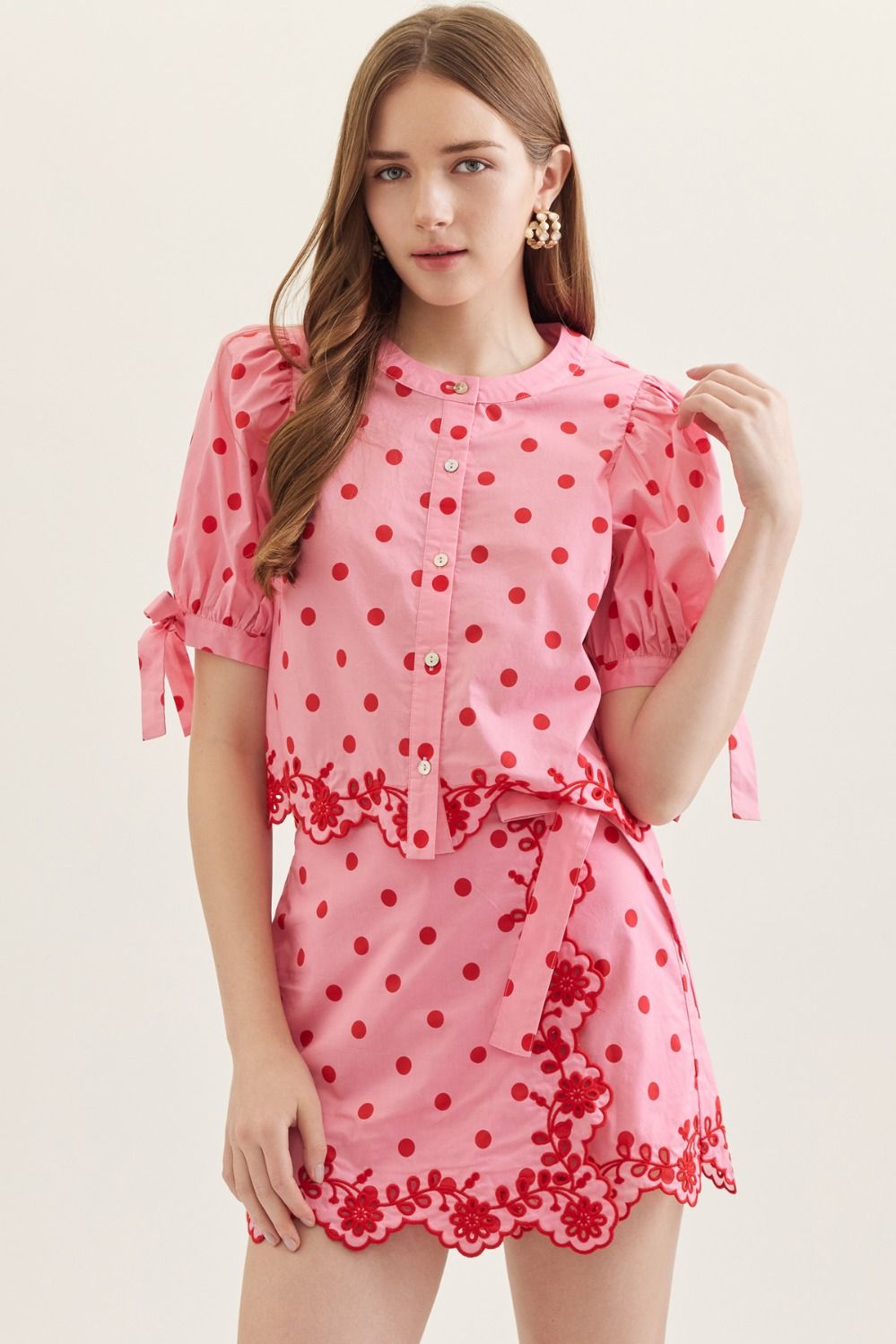 Poppy Polka Dot Scallop Puff Sleeve Top