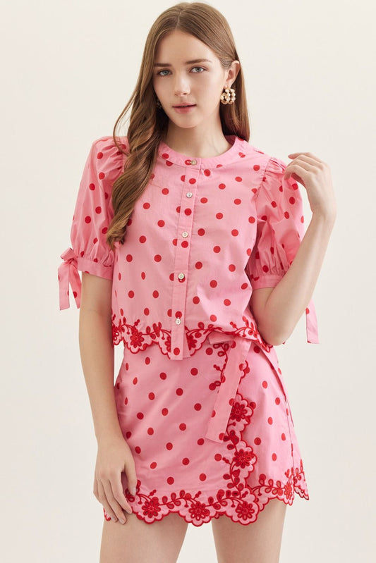 Poppy Polka Dot Scallop Puff Sleeve Top