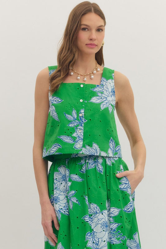 cotton eyelet top with botanical print, square neckline, and button-front detail