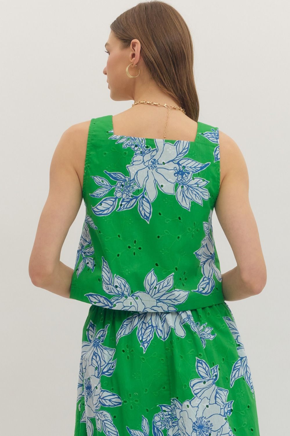 cotton eyelet top with botanical print, square neckline, and button-front detail