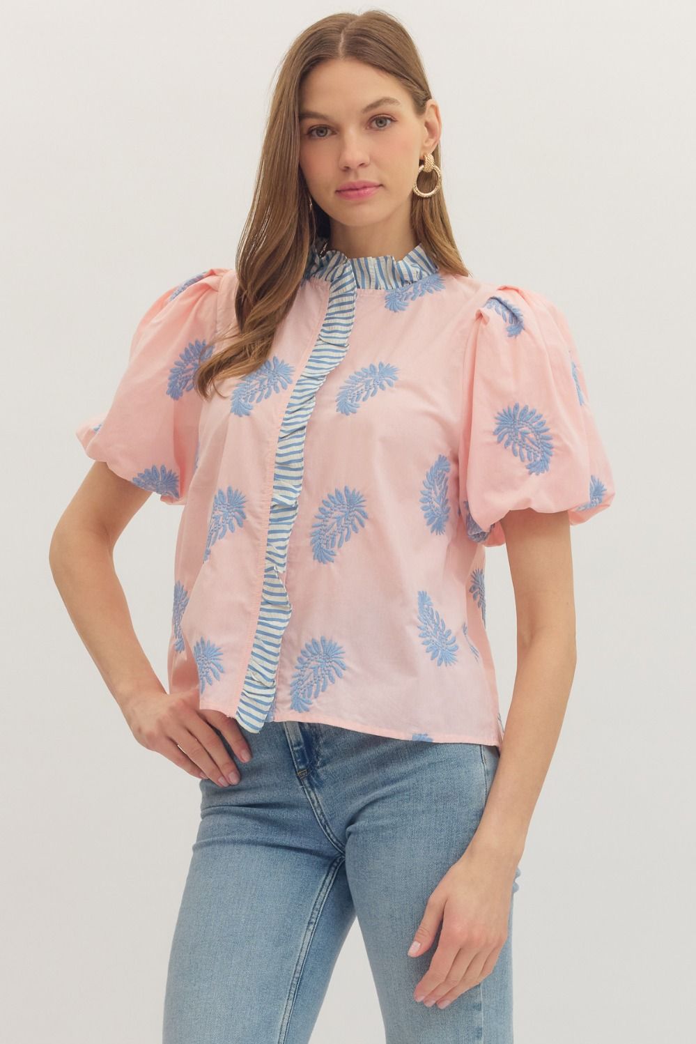 The Maribel Botanical Embroidered Puff Sleeve Top