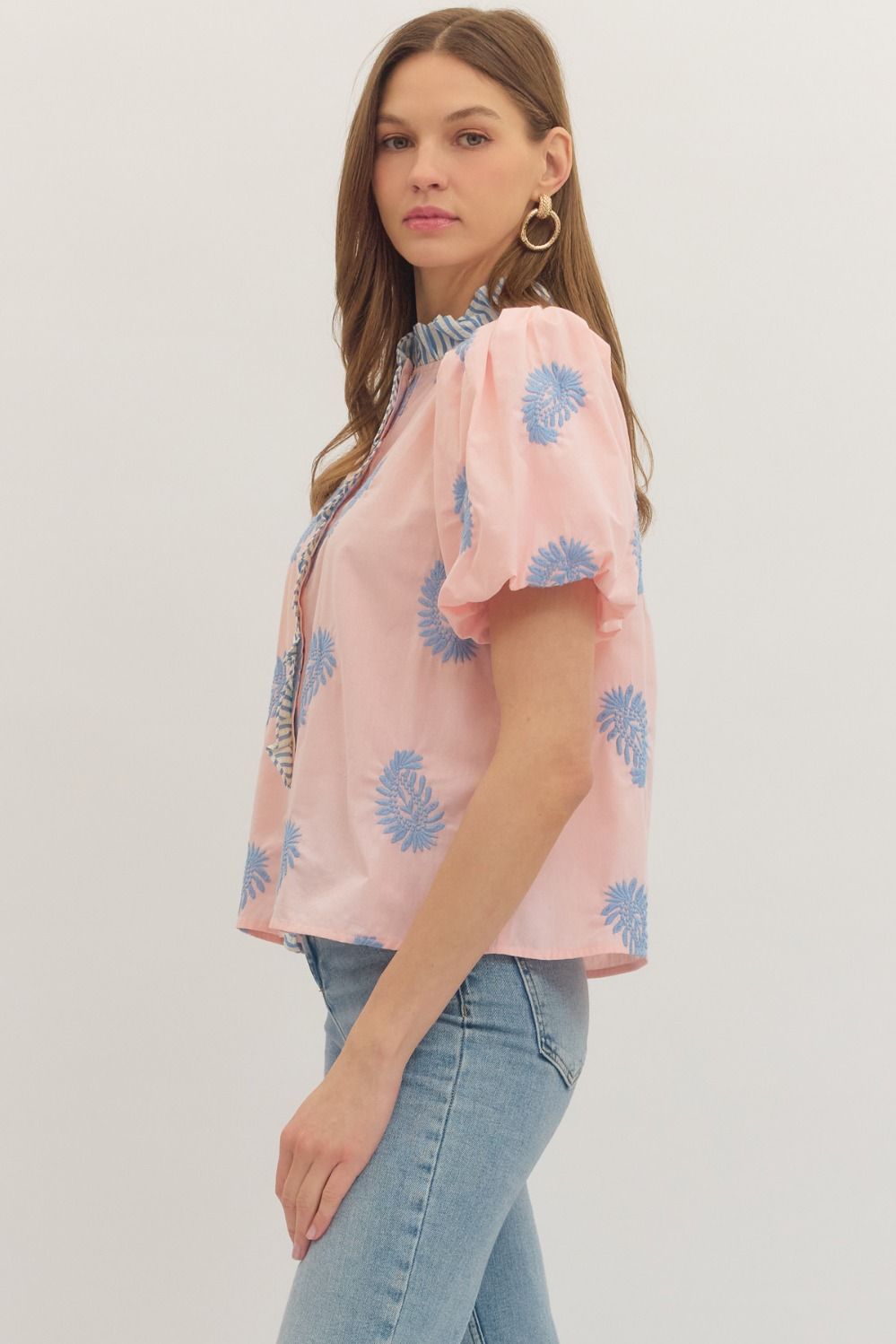 The Maribel Botanical Embroidered Puff Sleeve Top