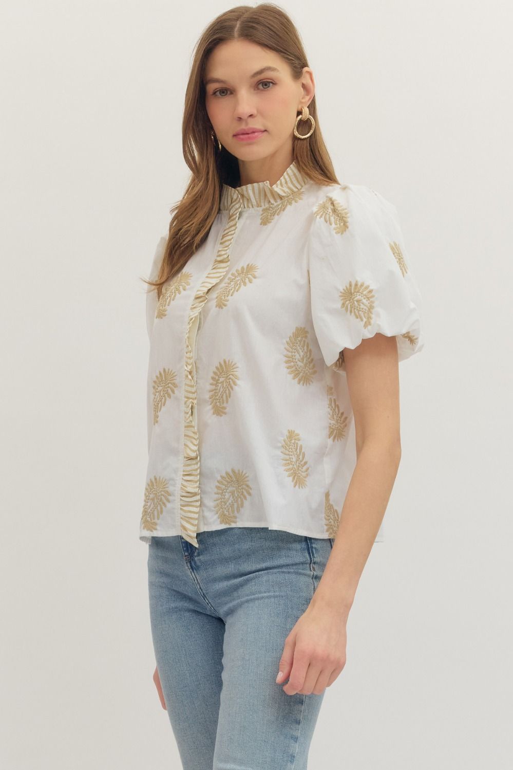 cotton top with botanical embroidery, puff sleeves, and ruffle-trim placket detail