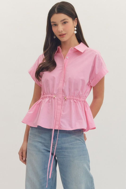 Drawstring Peplum Top features a structured collar, button-front detail, and an adjustable waist