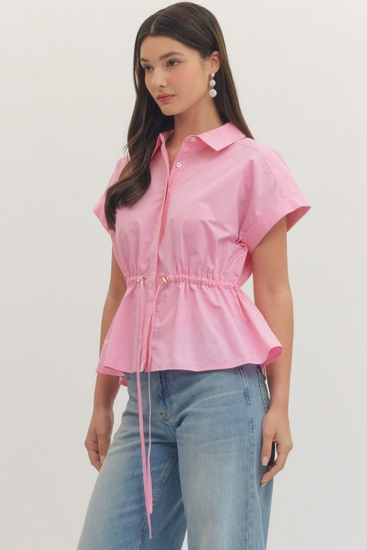 Drawstring Peplum Top features a structured collar, button-front detail, and an adjustable waist