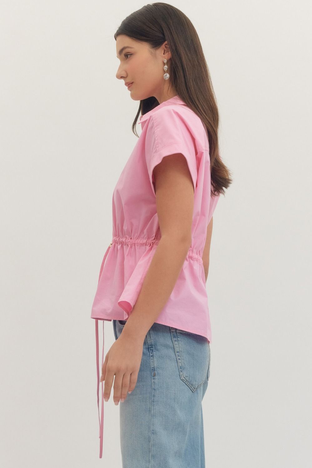 Drawstring Peplum Top features a structured collar, button-front detail, and an adjustable waist