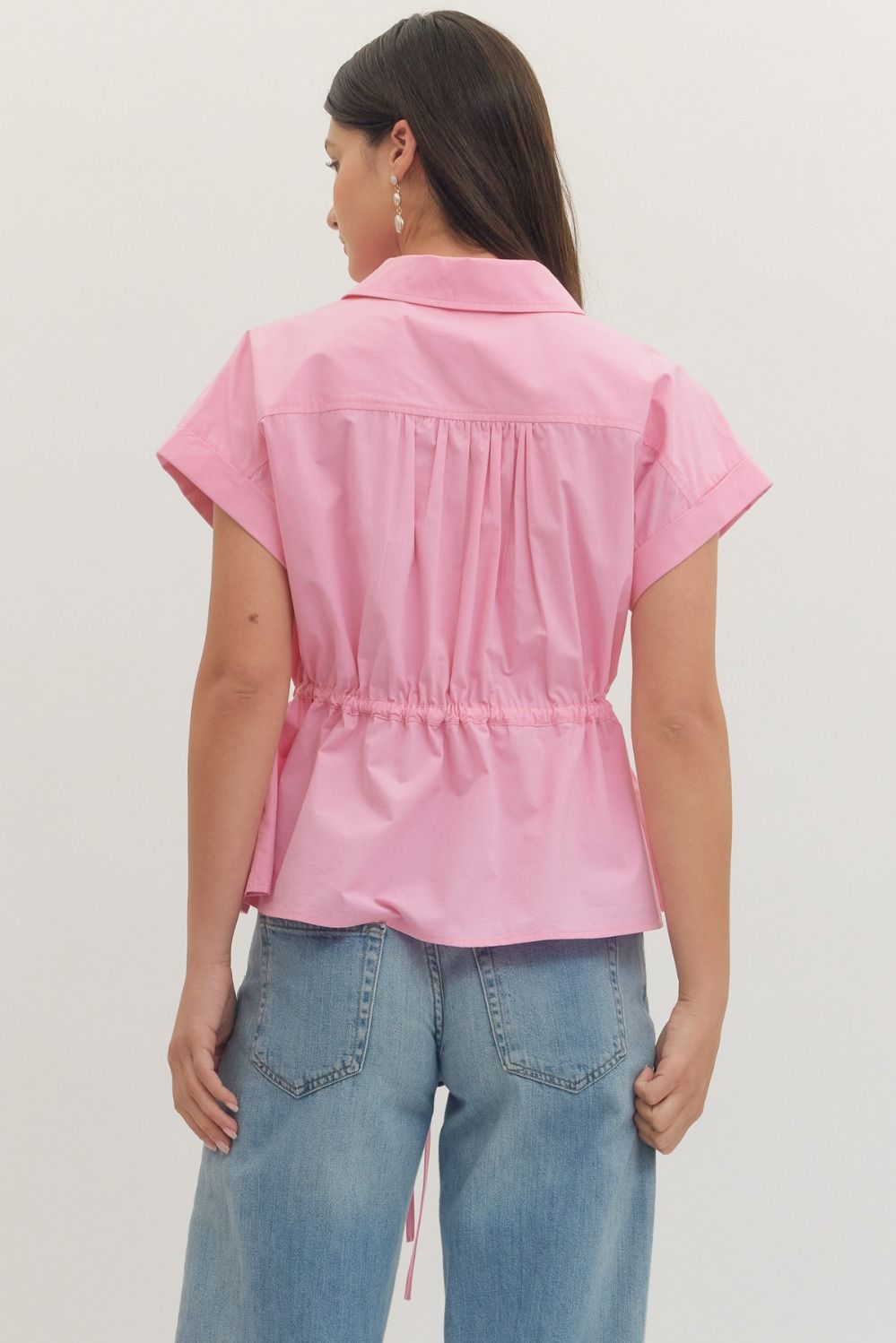 Drawstring Peplum Top features a structured collar, button-front detail, and an adjustable waist