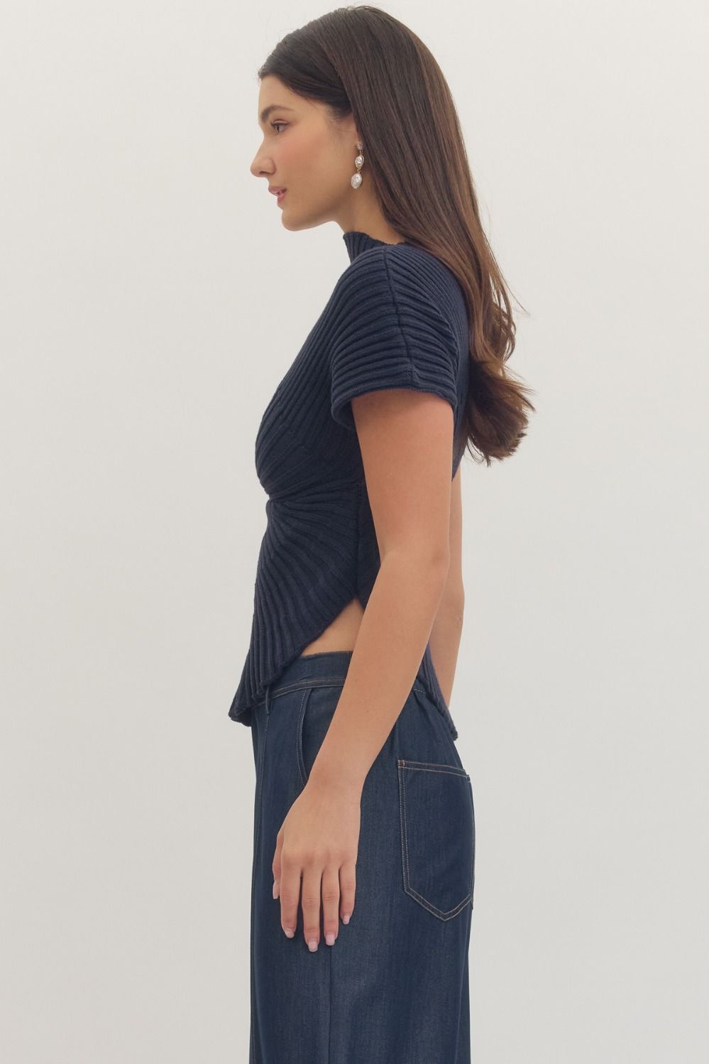  cotton ribbed knit top with cap sleeves and a modern asymmetric hem