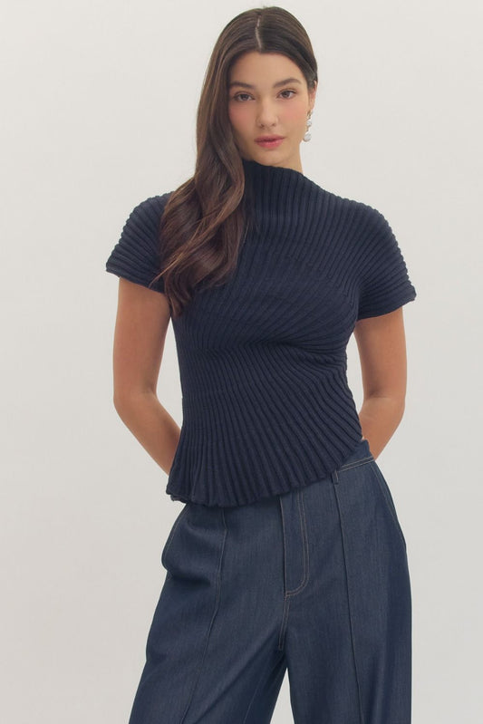  cotton ribbed knit top with cap sleeves and a modern asymmetric hem