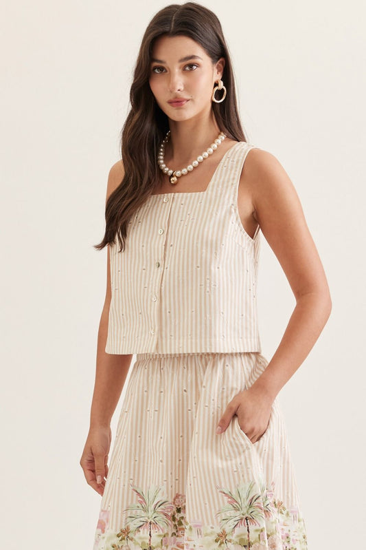 Capri Embroidered Stripe Sleeveless Top