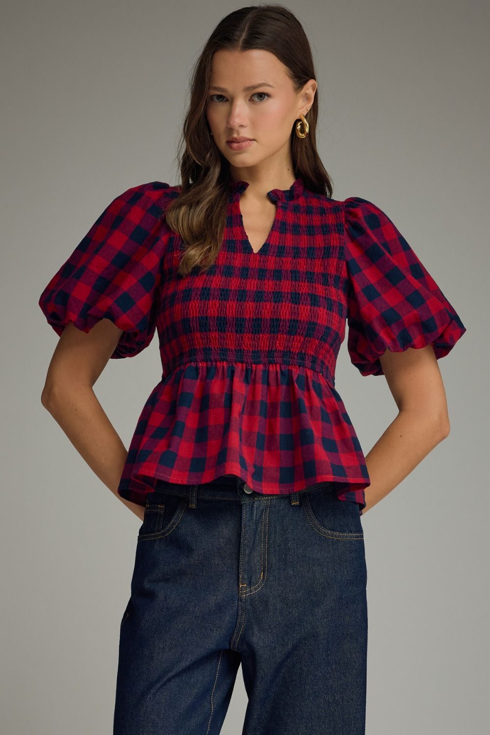 Lillian Plaid Smocked Puff Sleeve Top