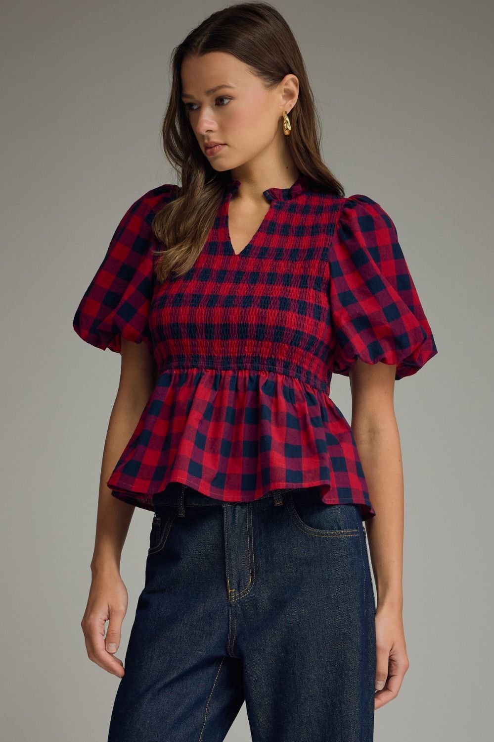 Lillian Plaid Smocked Puff Sleeve Top