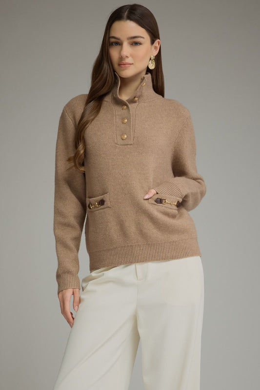 Solid long sleeve knit sweater top with stand neckline, button-front closure, and front pockets featuring buckle trim
