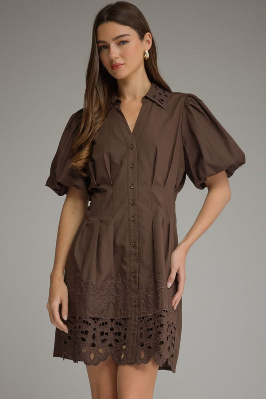 The Winifred Eyelet Collar Mini Dress combines romantic puff sleeves, delicate eyelet details, and a flattering pleated waist for effortlessly feminine style.