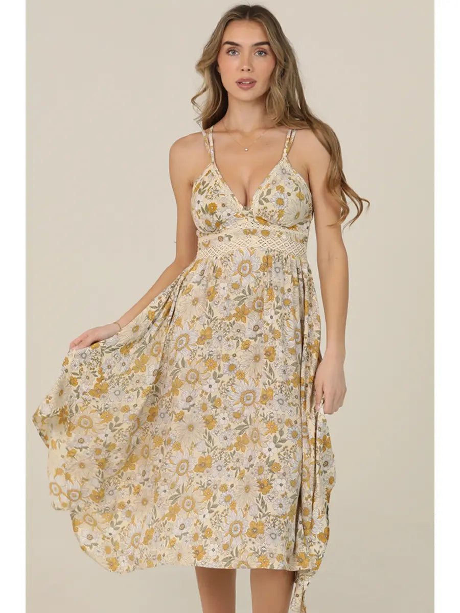 Retro daisy print lace trim midi dress