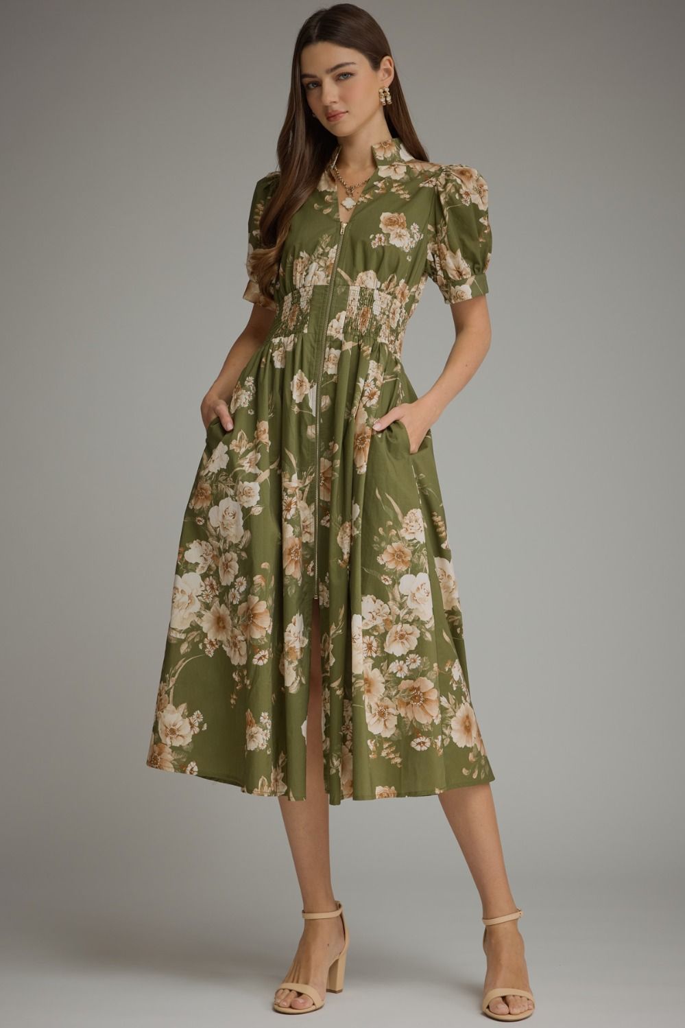A feminine floral midi dress featuring short puff sleeves, a chic stand collar, a front zipper, and a flattering smocked waist.
