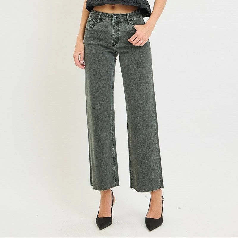 Flattering mid-rise ankle jeans featuring tummy control technology, a classic straight-leg fit, and a modern raw hem finish.