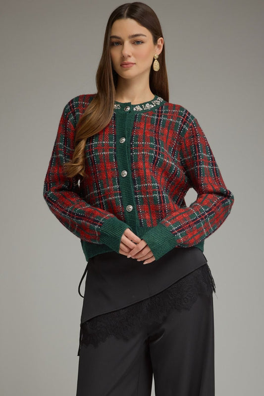 A polished plaid knit jacket featuring elegant jeweled trim, a classic button-front closure, and ribbed finishes for a sophisticated seasonal layer.