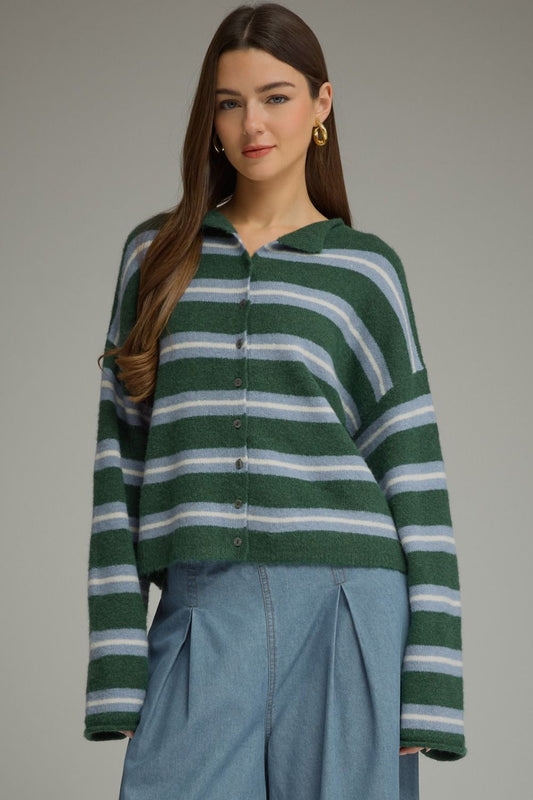 A cozy-chic striped cardigan featuring a classic shirt collar, button-front closure, and soft fuzzy texture for an effortlessly elevated seasonal layer.