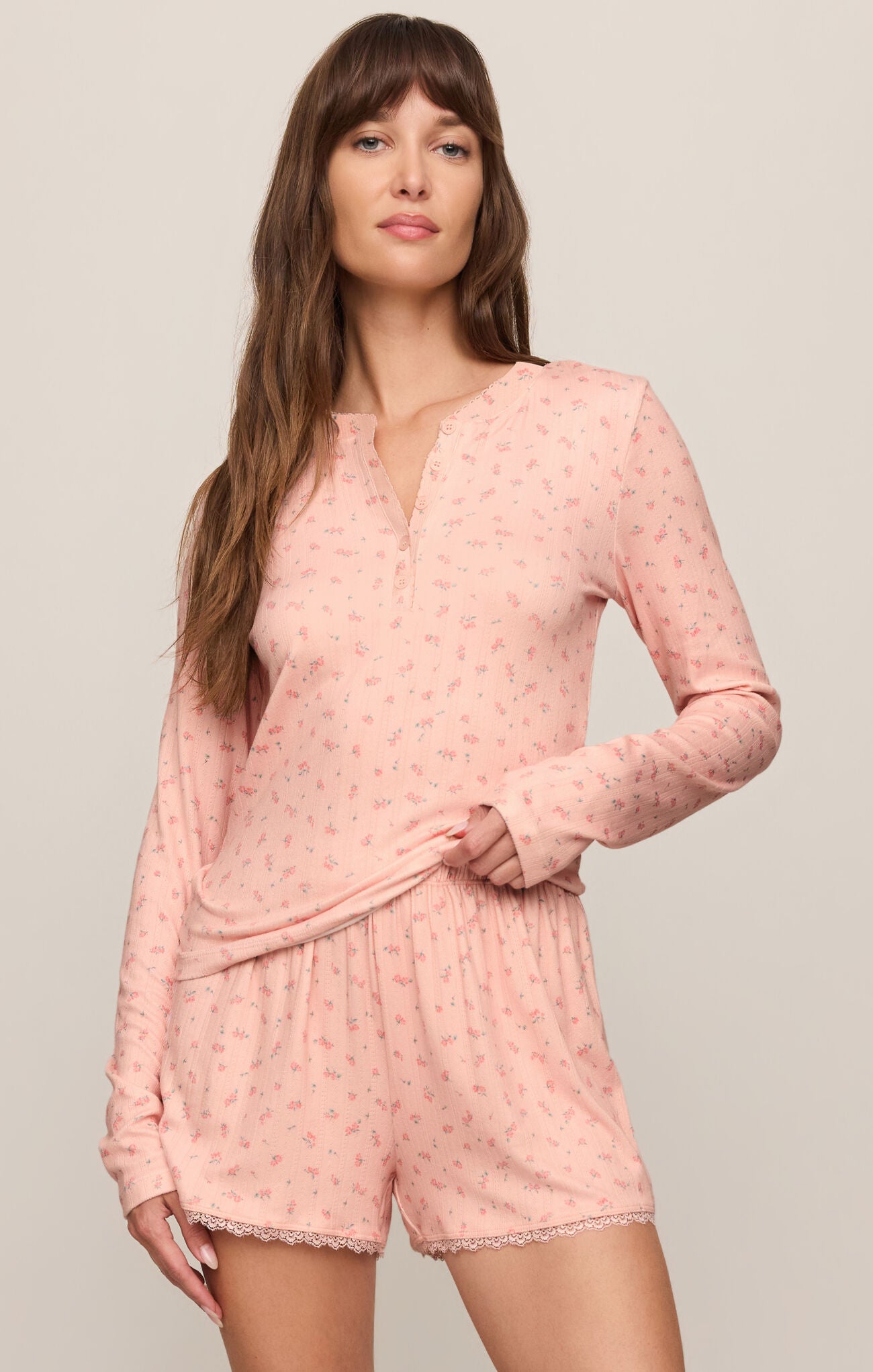henley sleep top featuring long sleeves and a button-front 