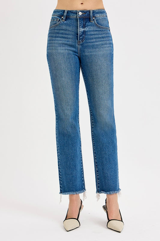 Flattering, modern, and easy to style, these high-rise straight-leg jeans feature tummy control, an ankle-length cut, and a trendy raw hem for an effortlessly cool denim look.