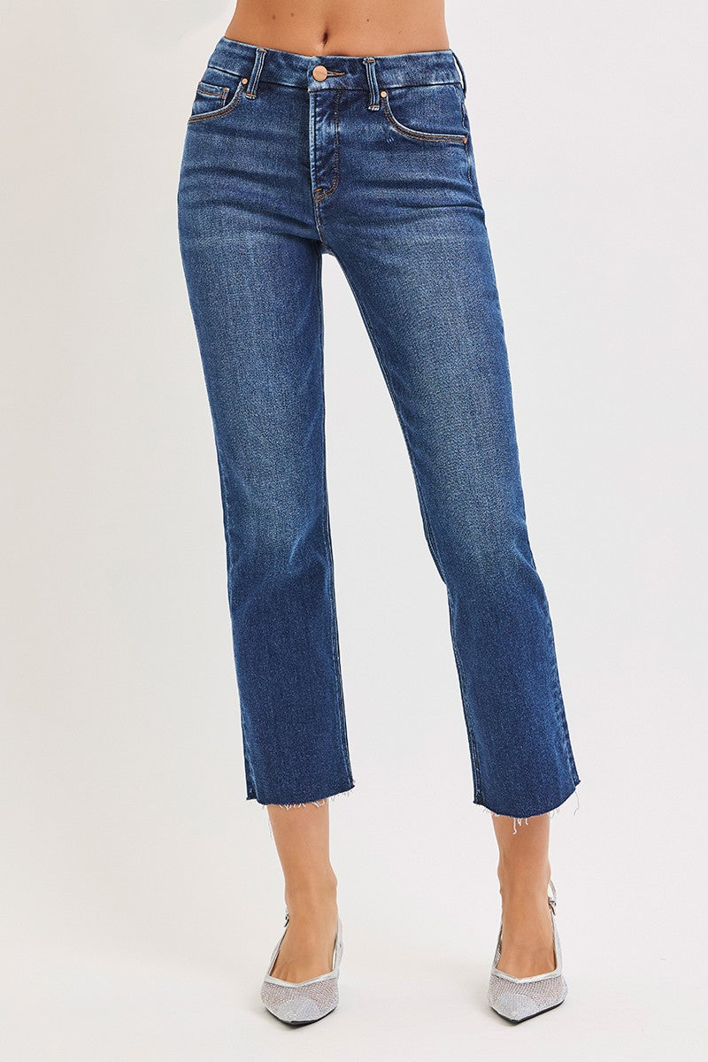 The Harriet Tummy Control Crop Straight Jeans combine a flattering high-rise fit with tummy-smoothing support, comfortable stretch, and a versatile dark wash.
