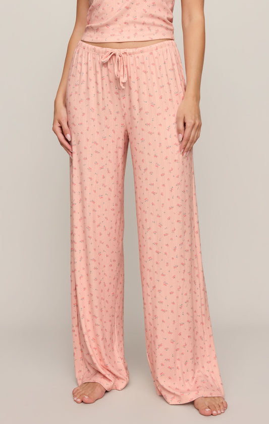 Elegant comfort meets effortless style in these high-rise silky pointelle floral pants featuring a soft stretch feel and relaxed, flattering fit.
