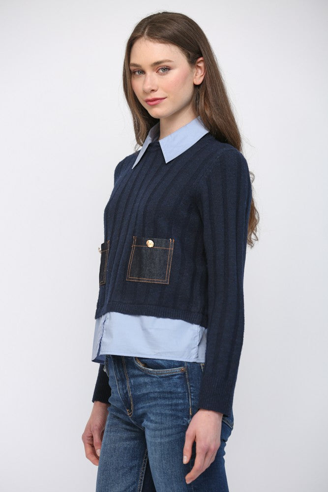 A cozy sweater featuring layered look denim details, patch pockets, and an effortlessly chic mixed-media design.