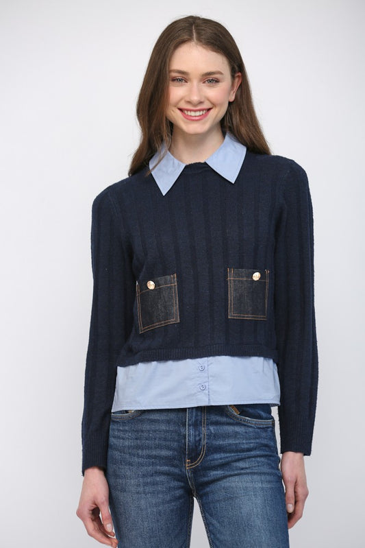 A cozy sweater featuring layered look denim details, patch pockets, and an effortlessly chic mixed-media design.