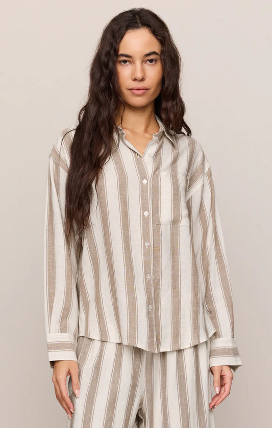 striped linen-blend button-up designed with a lightweight feel and relaxed silhouette