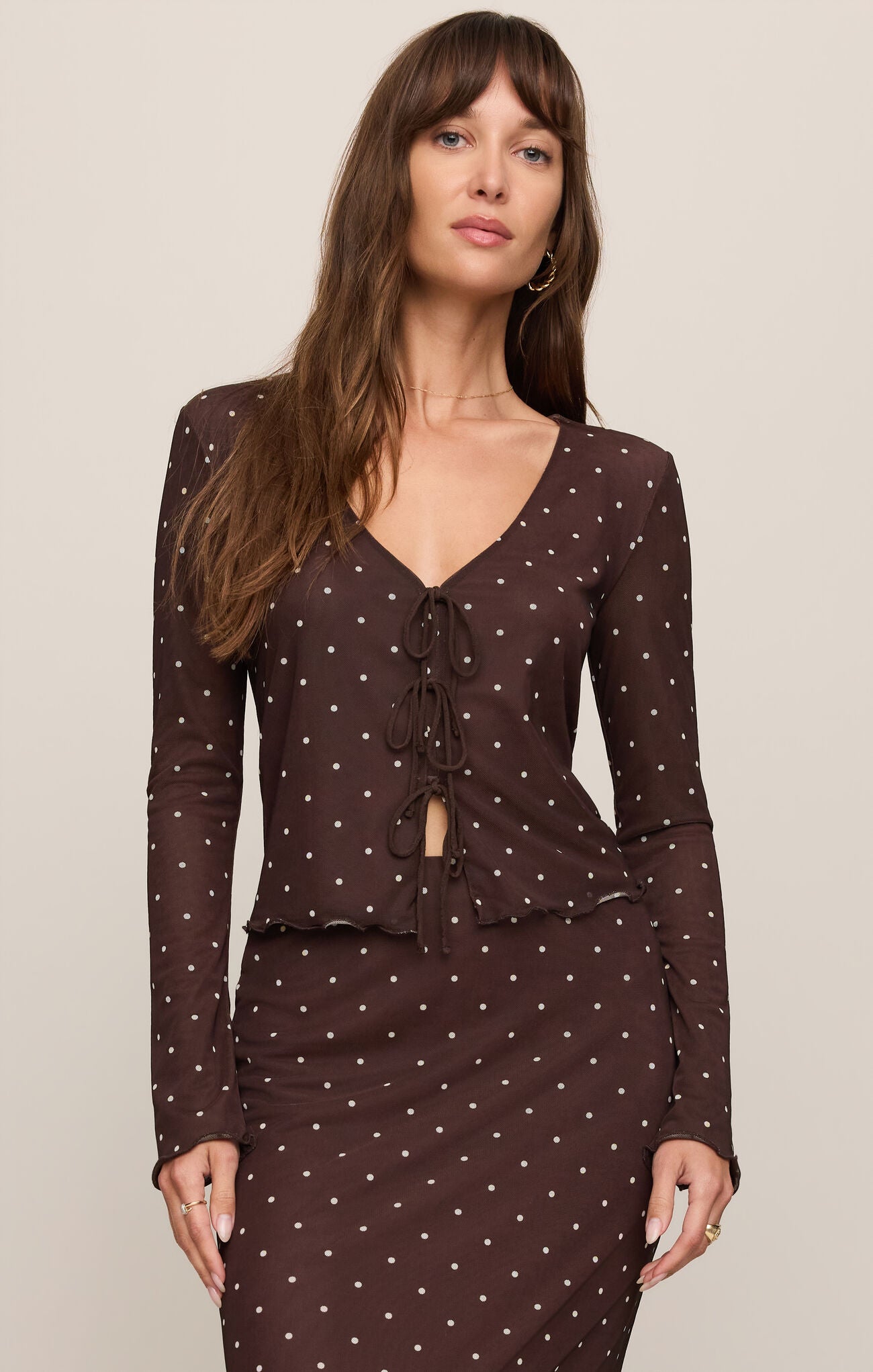 A sleek mesh V-neck top featuring a lightweight stretch fabric, long sleeves, and a flattering silhouette perfect for layering or making a statement.