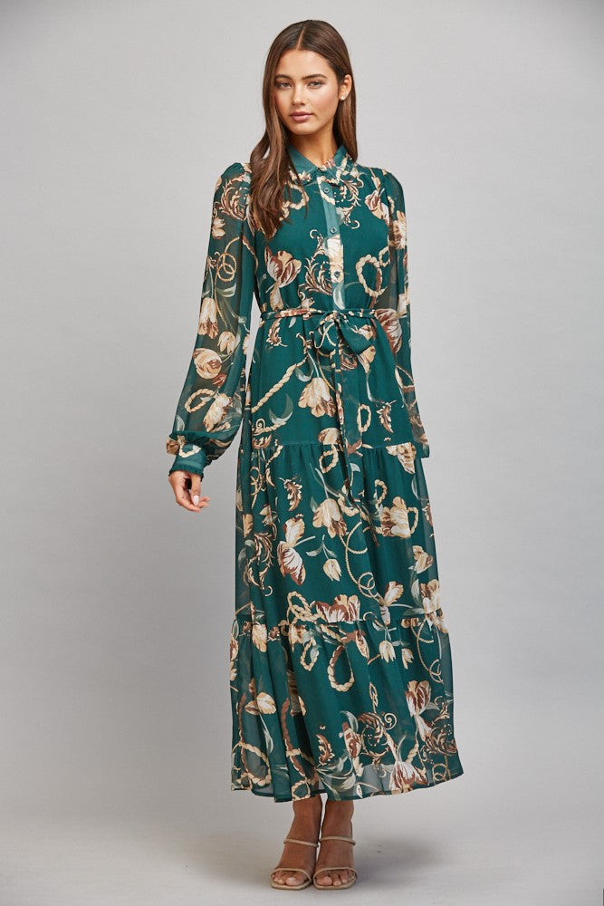 The Loretta Floral Chain Print Midi Dress combines an elegant mixed print with a flattering self-tie waist and breezy chiffon for effortlessly feminine style.